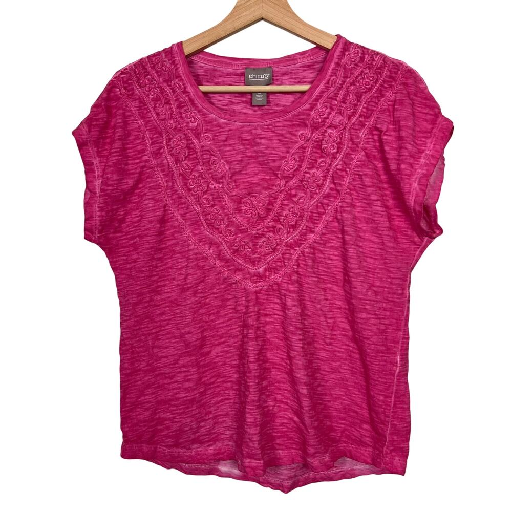 Chico's Pigment Dyed Soutache Short Sleeve Tee Pink Size 0 (Small) Slub‎ Cotton